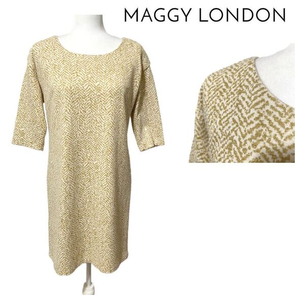 MAGGY LONDON Size 6 Metallic Gold White Sheath Dress - Picture 1 of 14